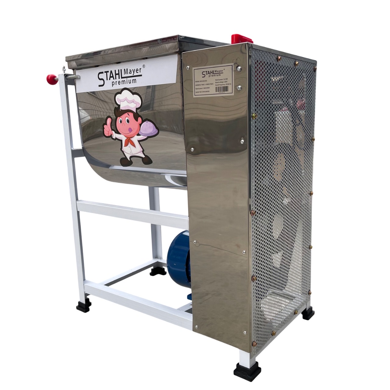 Бъркалка за Месо и Тесто STAHLMAYER 15кг | 3.0kW ДОМАКИНСКИ УРЕДИ Детайлен изглед на бъркалката с неръждаем корпус.