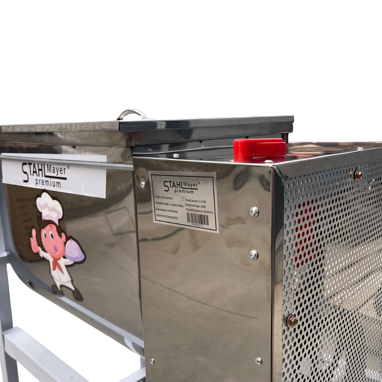 Бъркалка за Месо и Тесто STAHLMAYER 25кг | 3.5kW ДОМАКИНСКИ УРЕДИ Детайлен изглед на бъркалката с неръждаем корпус и работен съд.