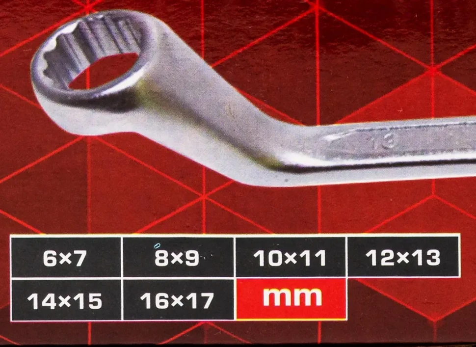 Ключове Лули FORCEKRAFT 6-17 мм | 6 ч., Двустранни, Cr-V КЛЮЧОВЕ Детайлен изглед на двустранен ключ с антикорозионно покритие и текстурен захват.