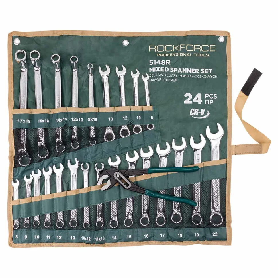 Комплект Ключове ROCKFORCE RF-5148R | 24 Части, Cr-V КЛЮЧОВЕ Комплект ROCKFORCE RF-5148R с 24 части, включващ ключове, лули и клещи гарги.