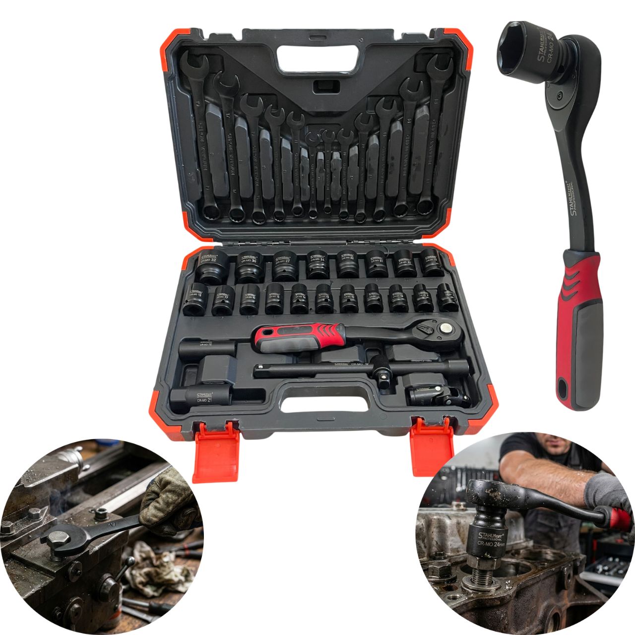 Ударно Гедоре 1/2″ STAHLMAYER | 37 Части, Тресчотка ГЕДОРЕТА Комплект ударно гедоре 1/2" STAHLMAYER 37 части с вложки, тресчотка и комбинирани ключове.