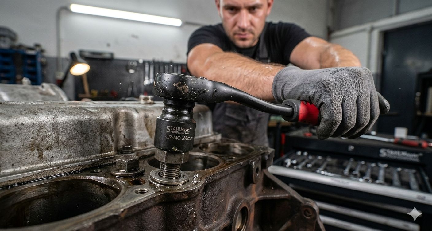 Ударно Гедоре 1/2″ STAHLMAYER | 37 Части, Тресчотка ГЕДОРЕТА Детайлен изглед на подсилените ударни вложки и тресчотката.