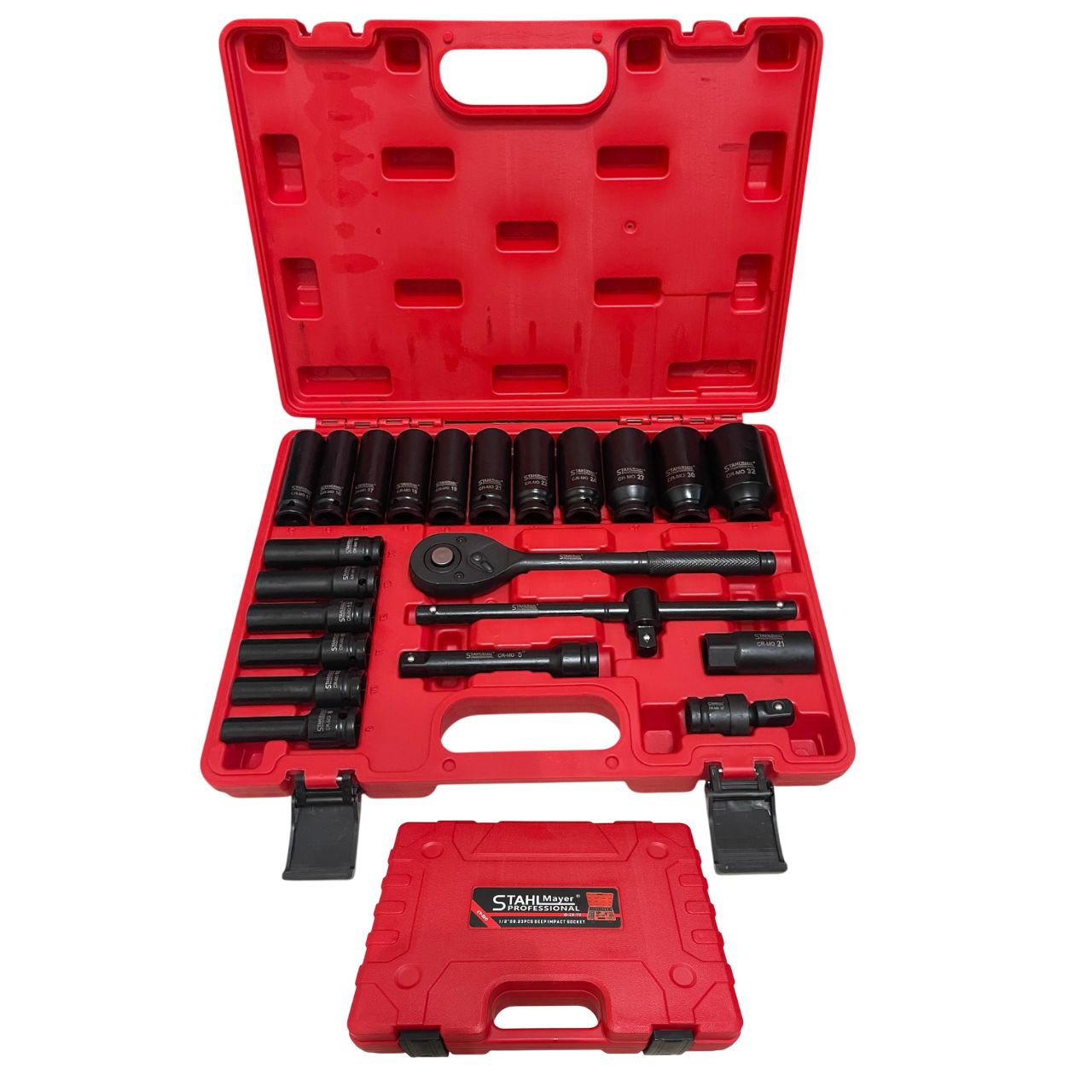 Ударно Гедоре STAHLMAYER 1/2″ | 23 Части, Дълбоки Вложки ГЕДОРЕТА Детайлен изглед на дълбоките вложки и тресчотката.