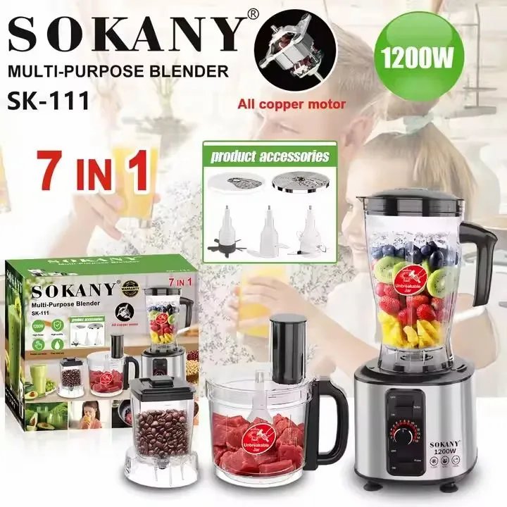 Кухненски Робот SOKANY 7-в-1 | 1200W, 15 Скорости, 2.5L ДОМ И ГРАДИНА Кухненски робот SOKANY SK-111 7-в-1 с блендер, чопър и мелничка.