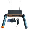 Комплект микрофони SHURE SH-588D с два безжични микрофона и приемник върху маса.