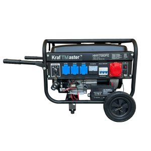 Генератор с дистанционно HHY7000FE KRAFTMASTER, поставен на бетонен под със сив корпус.
