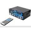 Домашен Bluetooth усилвател BT-502 с LCD дисплей и дистанционно върху бюро.