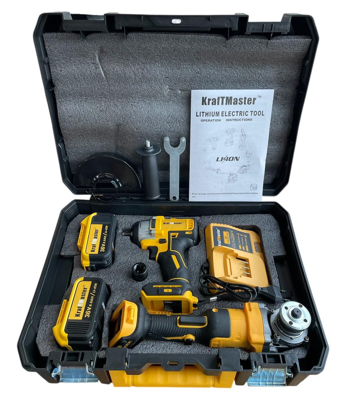 Комплект Ъглошлайф + Гайковерт KraftMaster | 36V 8Ah АКУМУЛАТОРНИ ГАЙКОВЕРТИ Детайлен изглед на ъглошлайфа, гайковерта и двете батерии.