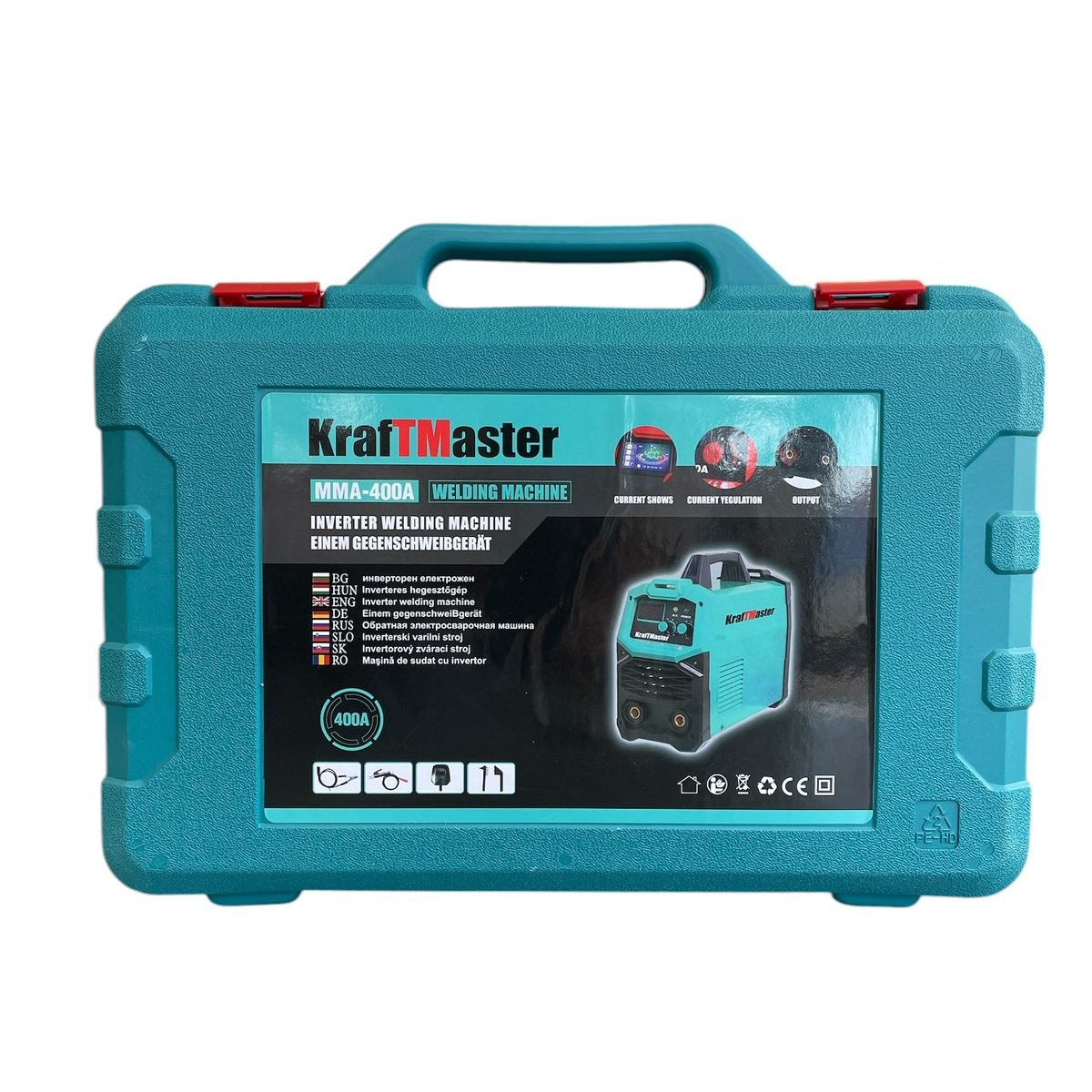 Електрожен KraftMaster MMA-400A | 220V, Електроди до 5 мм АВТО Комплектът с куфар, кабели, маска, четка и чукче.