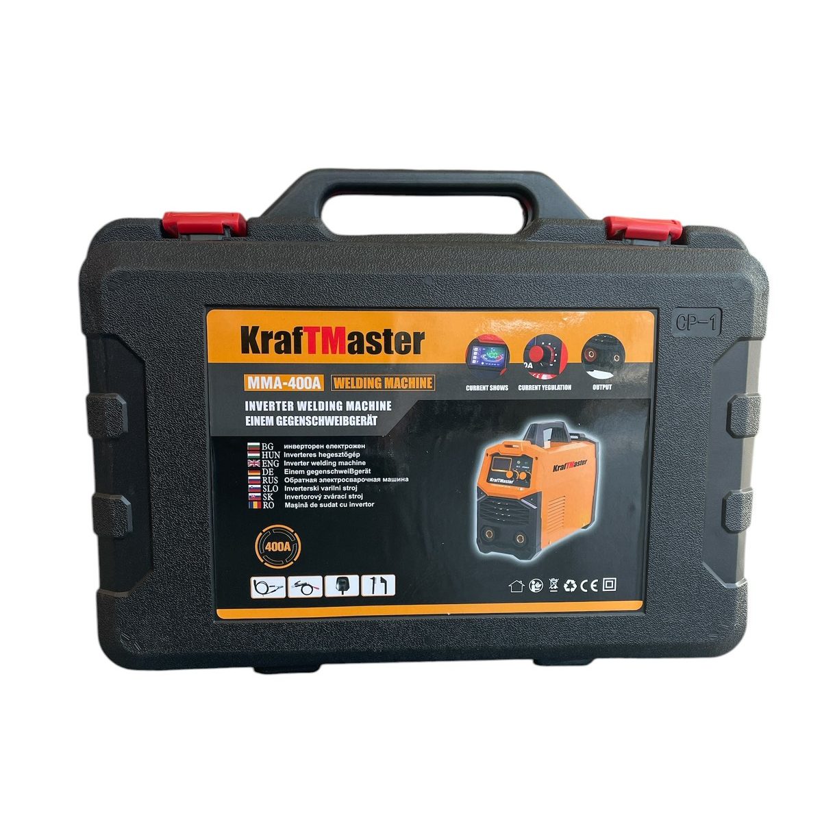 Електрожен KraftMaster MMA-400A | 220V, Електроди до 5 мм АВТО Комплектът с куфар, кабели, маска, четка и чукче.