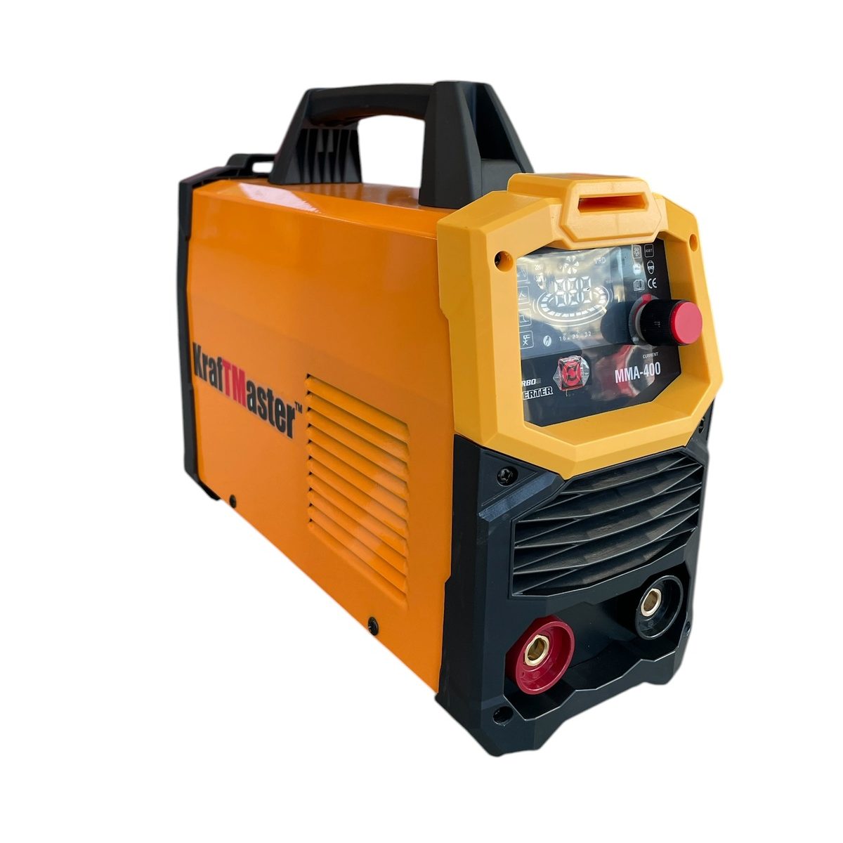 Електрожен KraftMaster MMA-400A | 220V, Електроди до 5 мм АВТО Инверторен електрожен KraftMaster MMA-400A в жълт цвят.