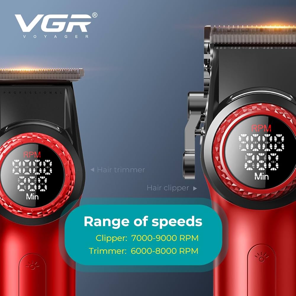 Берберски комплект 4 в 1 | VGR Stepless ДОМ И ГРАДИНА Машинка V-001 с LED дисплей, тример, самобръсначка и сешоар, подредени в куфар.