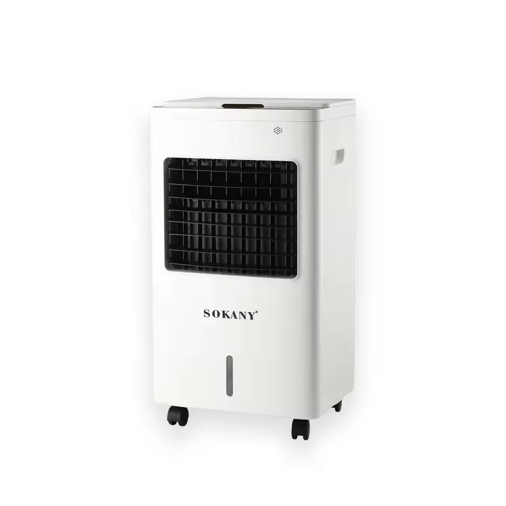 Мобилен въздушен охладител SOKANY | 9L, 3 степени ДОМ И ГРАДИНА Въздушен охладител с йонизация и колелца, показан отпред с ъгъл на охлаждане 120°.