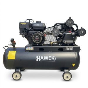 Бензинов компресор HAWEK 100 литра | 7.5 HP, 8 бара АВТО Бензинов компресор HAWEK 100 литра с двигател 7.5 HP, показан отпред.