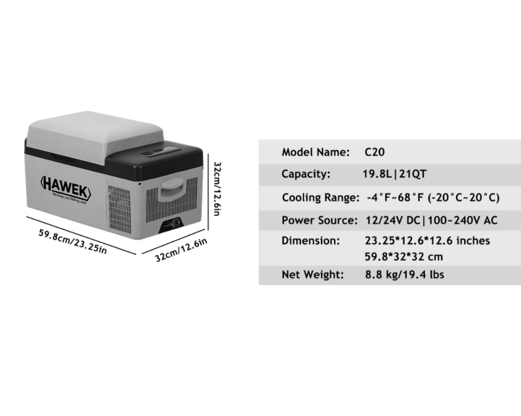 Портативен хладилник HAWEK 20L | 12V/24V/220V ДОМ И ГРАДИНА Хладилник 20L с компактен дизайн, показан в автомобил.