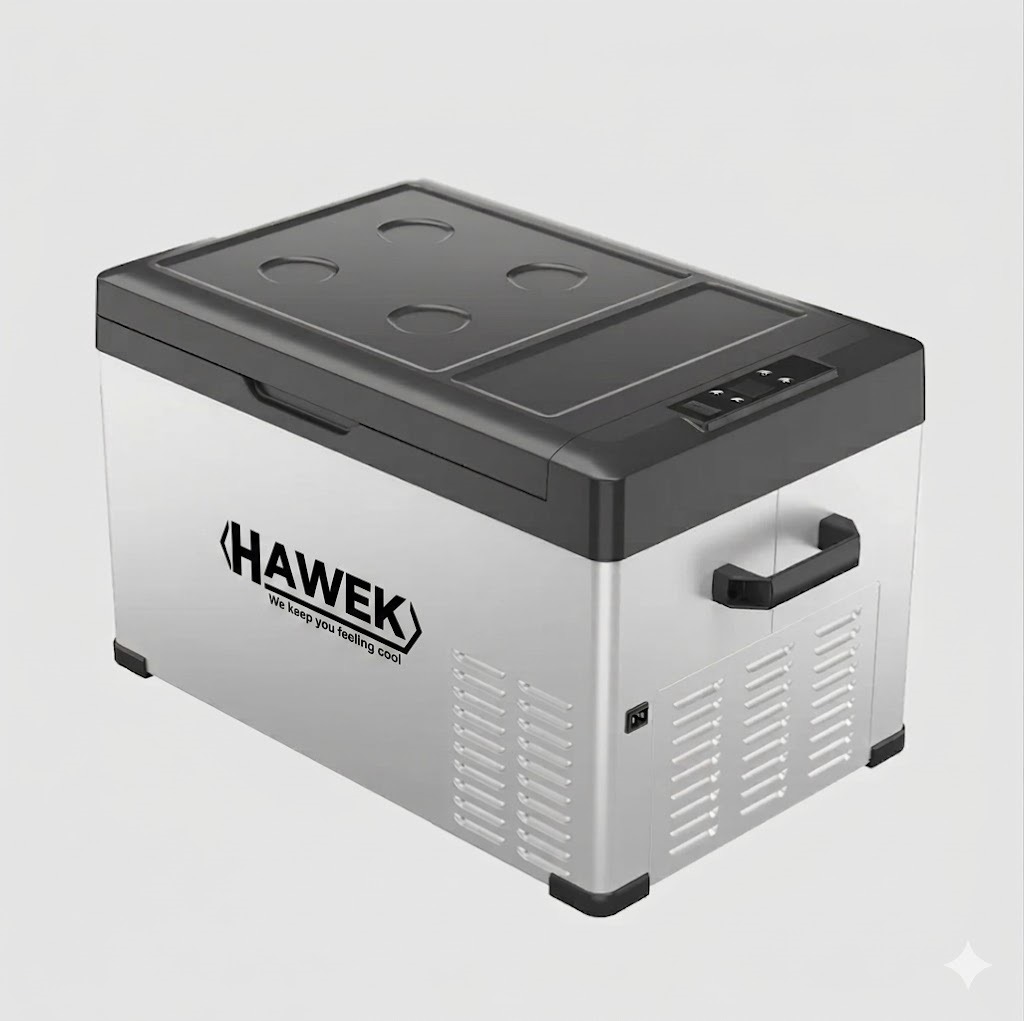 Портативен хладилник HAWEK 30L | 12V/24V/220V ДОМ И ГРАДИНА Хладилник 30L с капацитет, показан в каравана с изглед към природата.