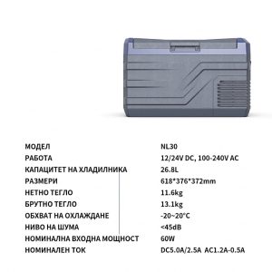 Компресорна хладилна кутия с LED дисплей и странични дръжки, поставена в каравана.