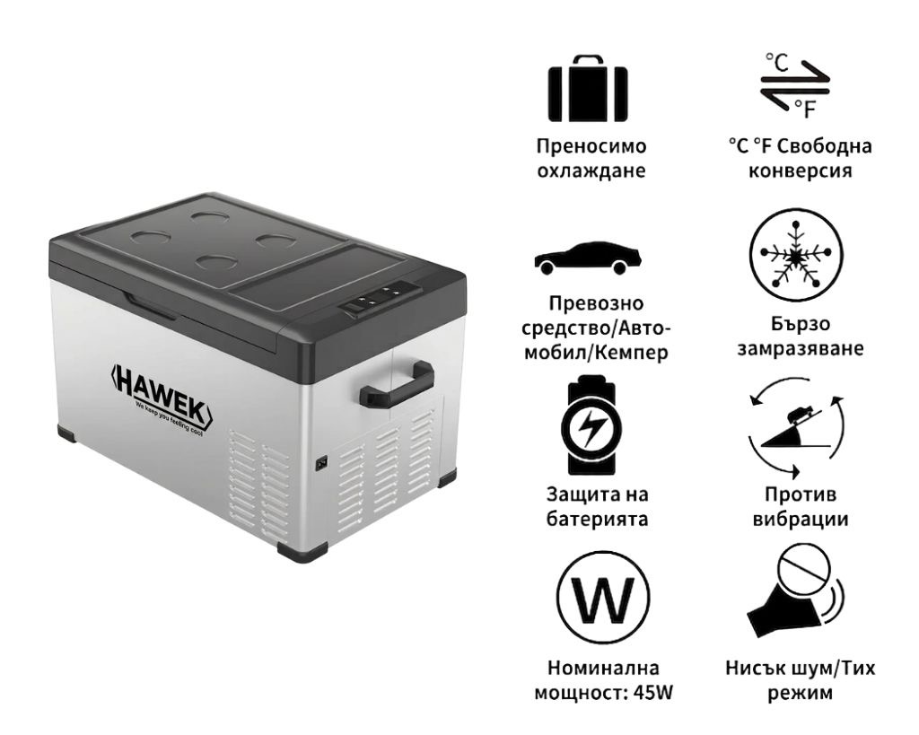 Портативен хладилник HAWEK 30L | 12V/24V/220V ДОМ И ГРАДИНА Хладилник 30L с капацитет, показан в каравана с изглед към природата.