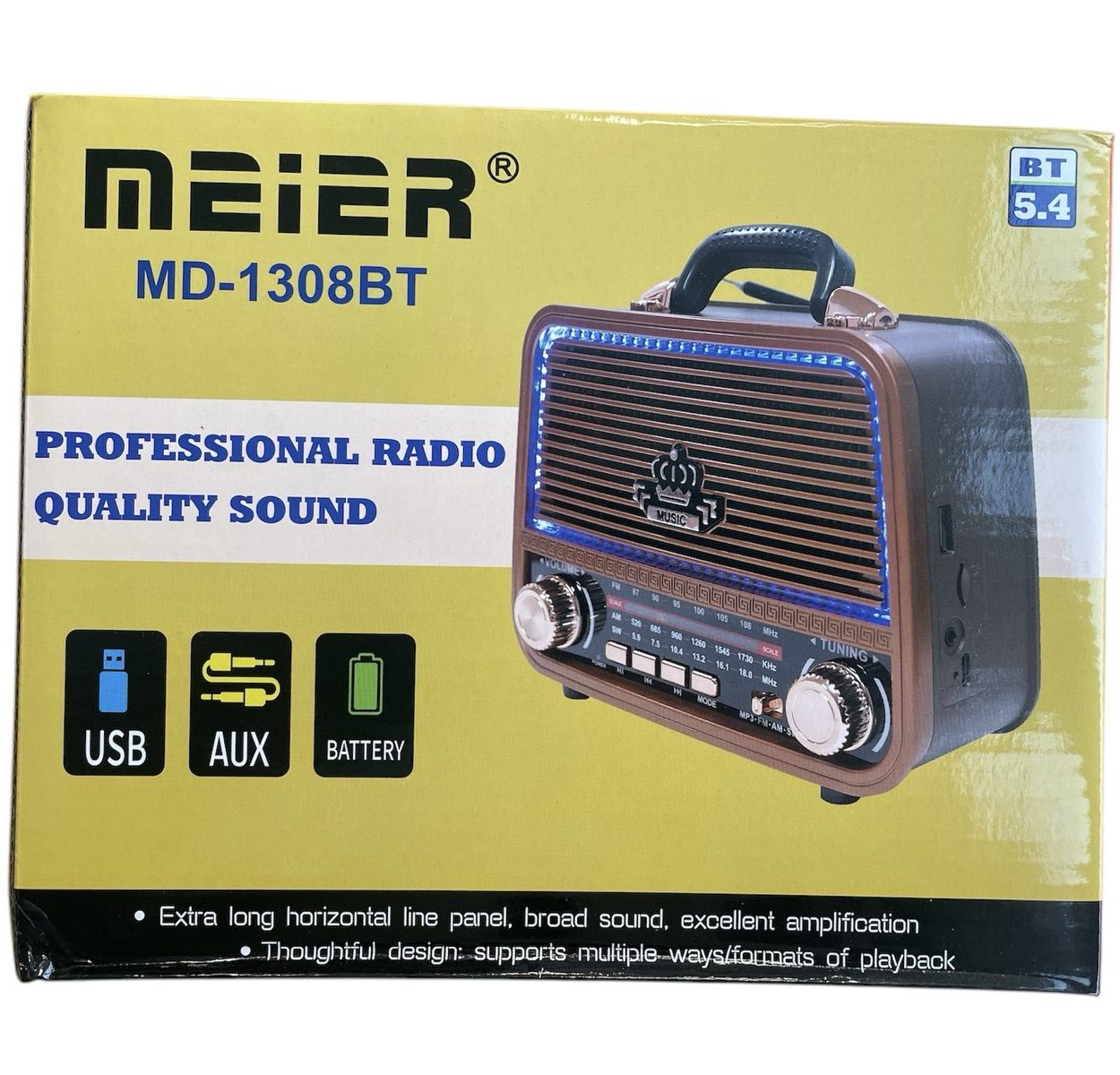 Винтидж радио MEIER MD1308BT | Bluetooth, FM, USB, SD ЕЛЕКТРОНИКА Ретро радио с Bluetooth, показано на маса с USB и SD слотовете на предния панел.