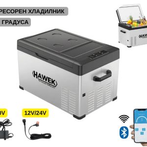 Портативен хладилник HAWEK 30L | 12V/24V/220V ДОМ И ГРАДИНА Портативен компресорен хладилник HAWEK 30L, отворен с напитки и храна.