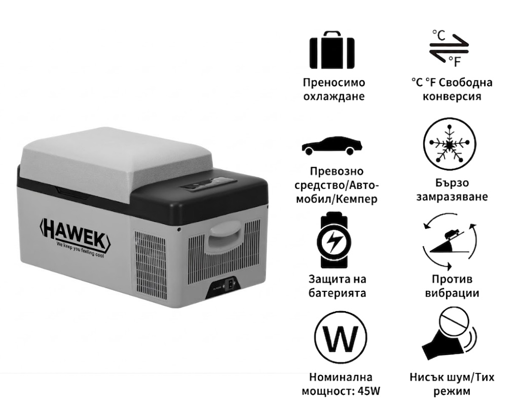 Портативен хладилник HAWEK 20L | 12V/24V/220V ДОМ И ГРАДИНА Хладилник 20L с компактен дизайн, показан в автомобил.