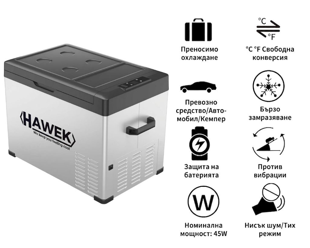 Портативен хладилник HAWEK 40L | 12V/24V/220V ДОМ И ГРАДИНА Хладилник 40L с капацитет, показан в каравана с изглед към природата.