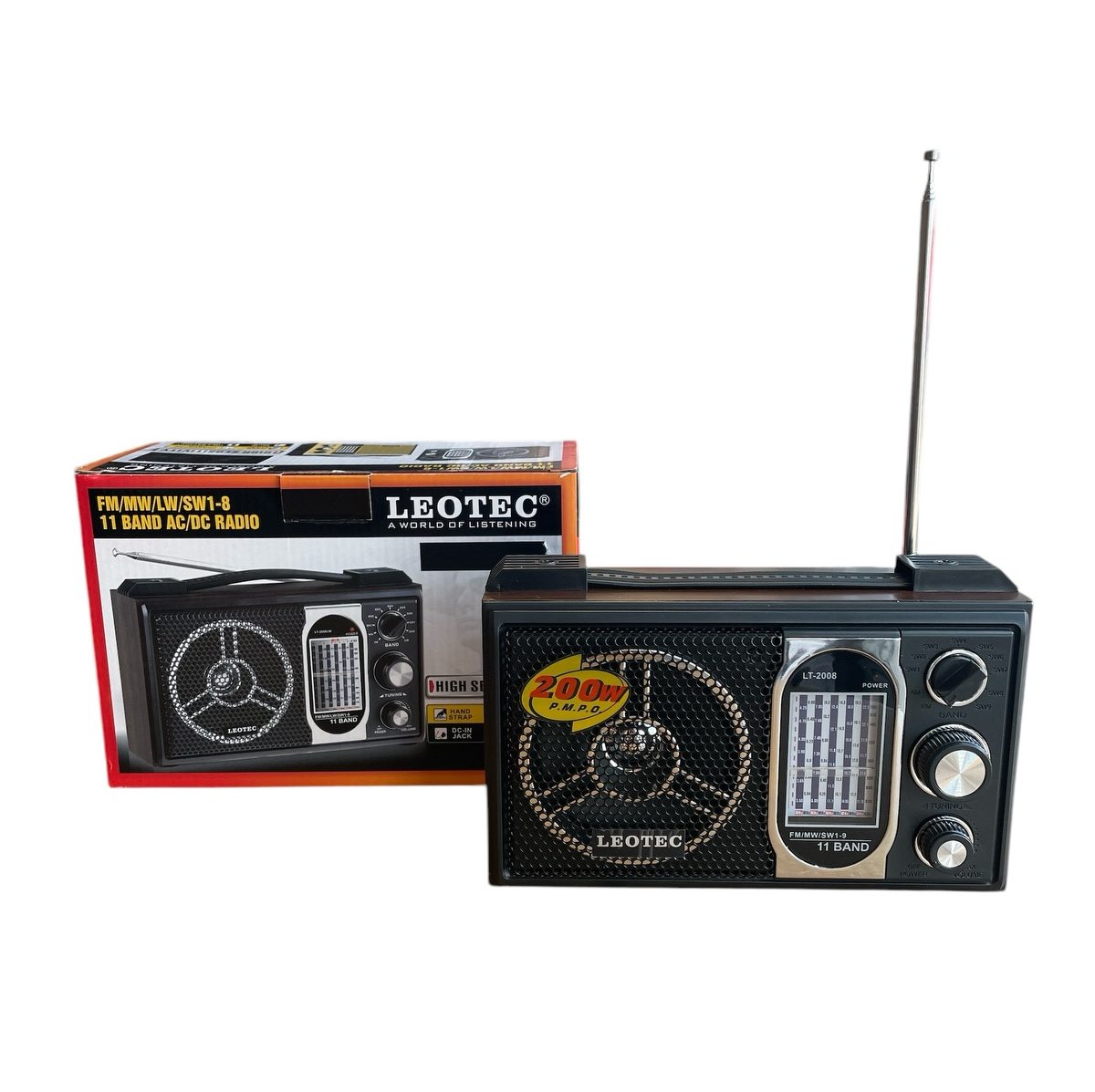 Радио Leotec LT-2008 | 11 обхвата, AM/FM/SW, преносимо ЕЛЕКТРОНИКА Преносимо радио Leotec LT-2008 с класически черен дизайн и телескопична антена.