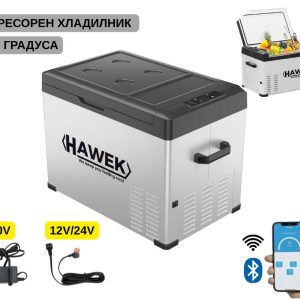 Портативен хладилник HAWEK 40L | 12V/24V/220V ДОМ И ГРАДИНА Портативен компресорен хладилник HAWEK 40L, отворен с напитки и храна.