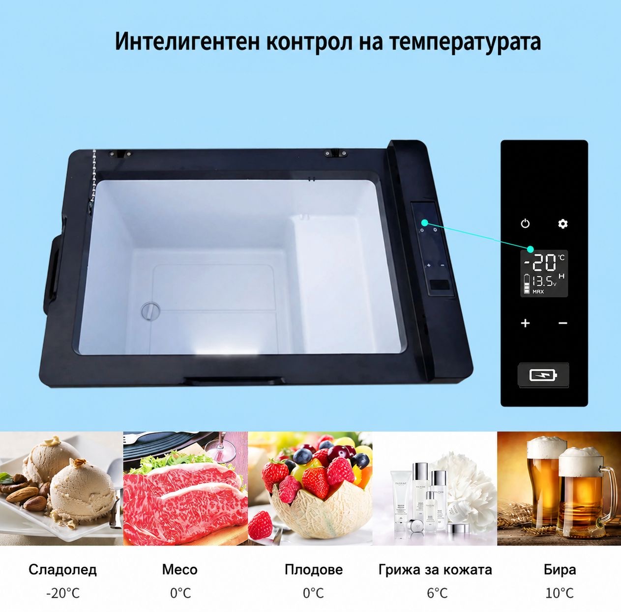 Портативен хладилник HAWEK 40L | 12V/24V/220V ДОМ И ГРАДИНА Хладилник 40L с капацитет, показан в каравана с изглед към природата.