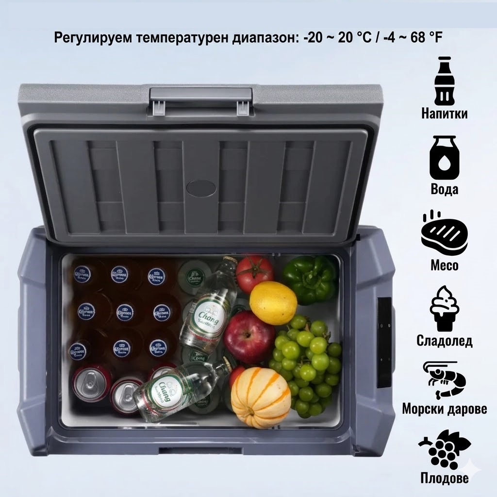 Преносим хладилник HAWEK 50L | 12V/24V/220V, компресор ДОМ И ГРАДИНА Компресорна хладилна кутия с LED дисплей и здрав корпус, поставена в каравана.