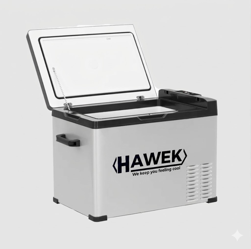 Портативен хладилник HAWEK 40L | 12V/24V/220V ДОМ И ГРАДИНА Хладилник 40L с капацитет, показан в каравана с изглед към природата.