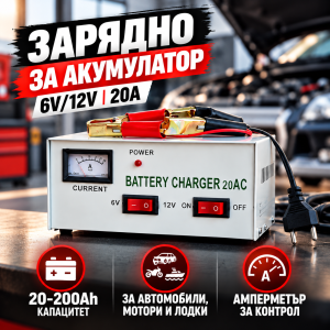 Зарядно за акумулатор 50A с амперметър и щипки за свързване.