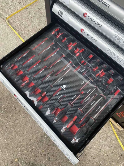 Шкаф с инструменти EverForce EF-2210-02 | 7 чекмеджета АВТО Количка с инструменти с 4 колела и отделение за закачане, отворена с пълни чекмеджета.