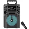 Караоке тонколона KTS-1513 с Bluetooth и микрофон, поставена на маса със светлинни ефекти.