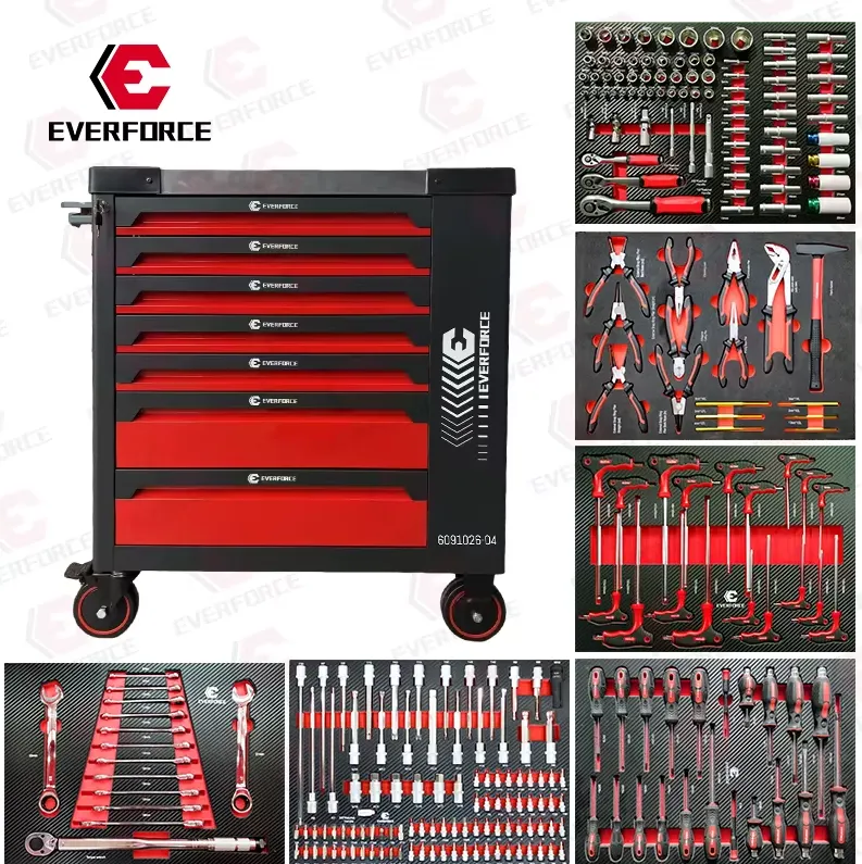 Инструментална количка EVERFORCE | 251ч, 7 чекмеджета АВТО Количката с отворени чекмеджета и EVA вложки с подредени инструменти.