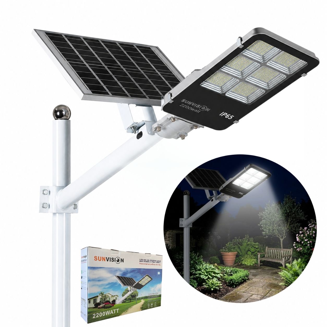 Улична соларна лампа SUNVISION | 2200W, 50000 mAh, IP65 ДОМ И ГРАДИНА Улична соларна лампа SUNVISION 2200W със соларен панел и стойка.