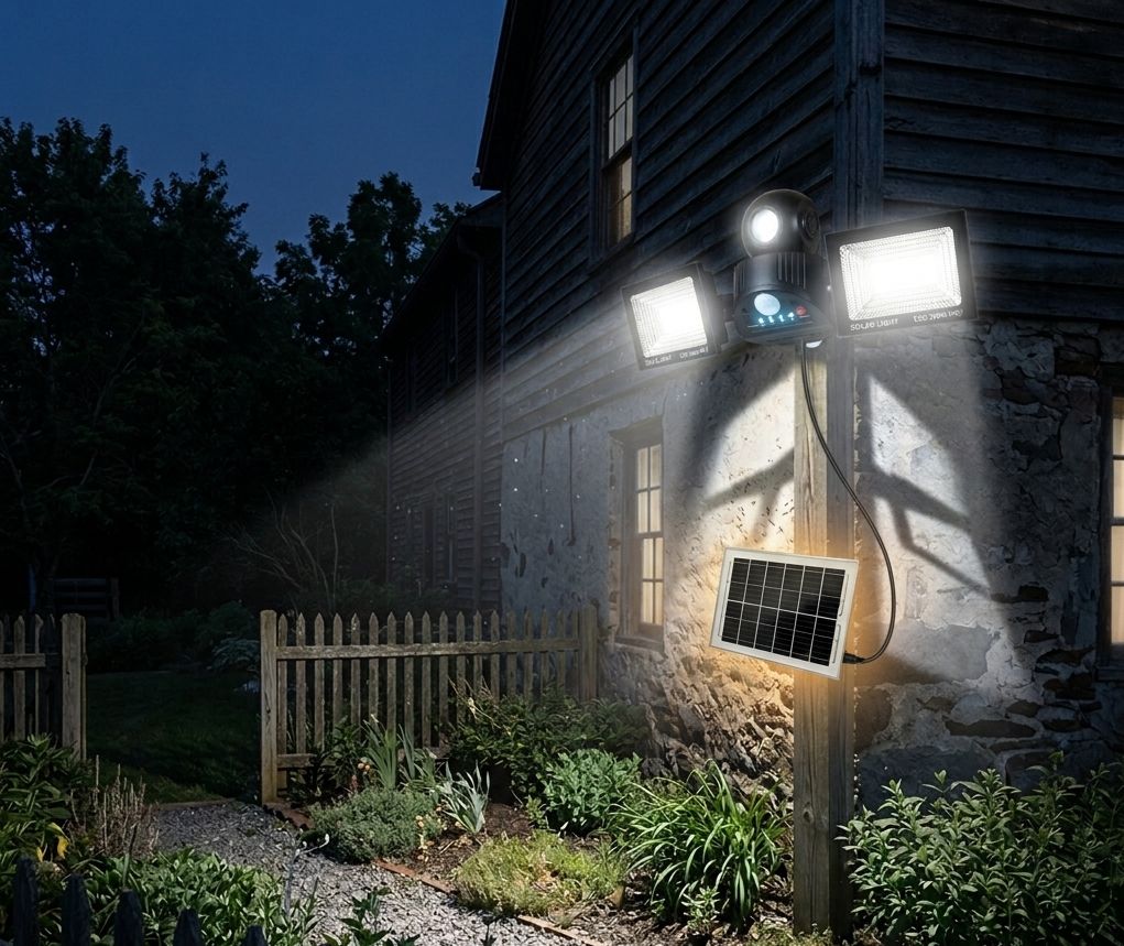 Соларна LED лампа XG-T50 | 200W, PIR сензор, 180°, IP67 ДОМ И ГРАДИНА Соларната лампа с две регулируеми LED тела и соларен панел, показана в двор.