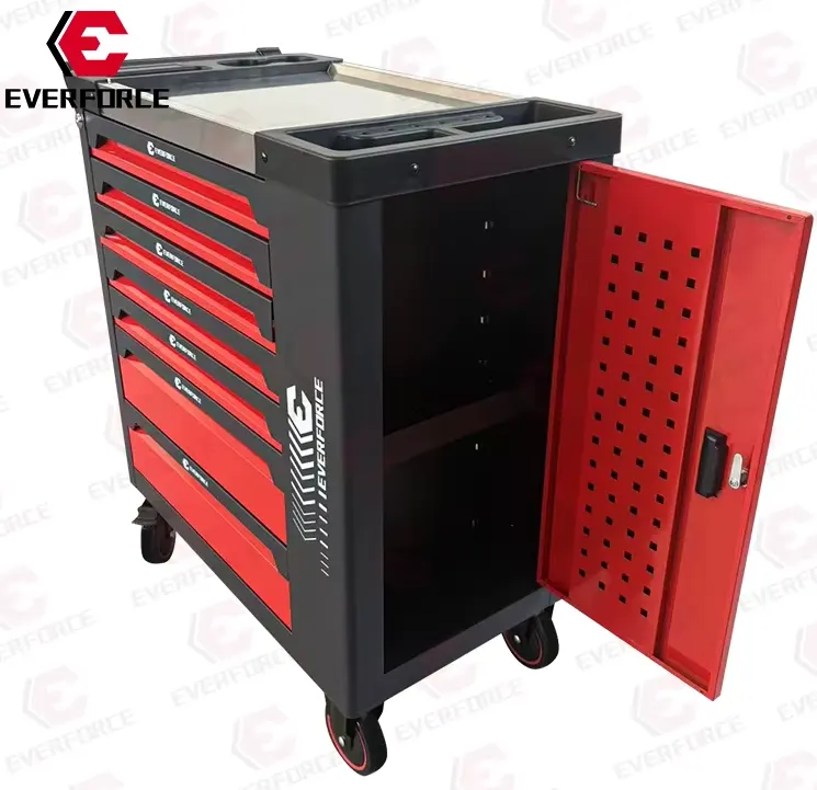 Инструментална количка EVERFORCE | 251ч, 7 чекмеджета АВТО Количката с отворени чекмеджета и EVA вложки с подредени инструменти.