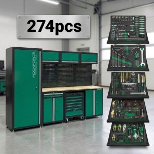 Комплект шкафове ROCKFORCE | 274 части АВТО Комплект шкафове ROCKFORCE с 274 инструмента и работен плот.