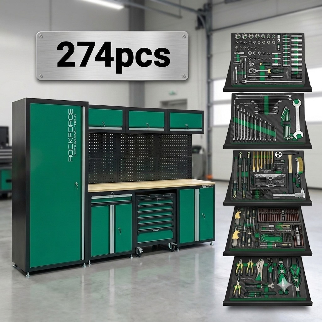 Комплект шкафове ROCKFORCE | 274 части АВТО Комплект шкафове ROCKFORCE с 274 инструмента и работен плот.