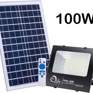 Соларен LED прожектор 100W с отделен фотоволтаичен панел и дистанционно.