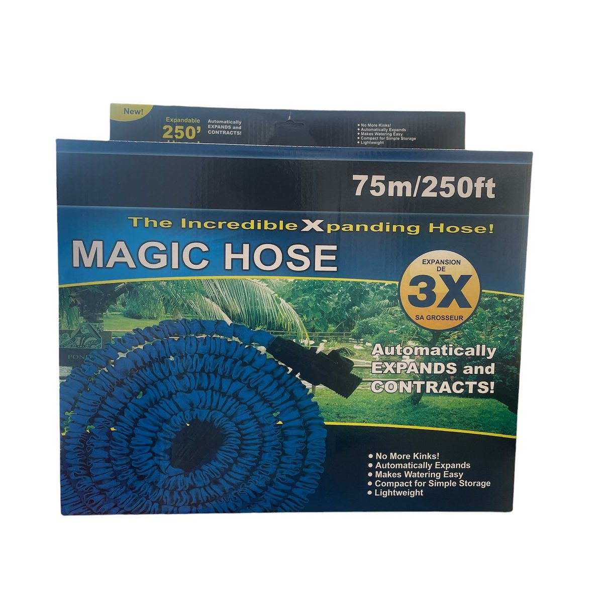 Разтегателен маркуч Magic Hose 75м | 3 пъти по-дълъг ГРАДИНСКИ ПРИНАДЛЕЖНОСТИ Градински маркуч Magic Hose 75 м без заплитане, увеличава се до 3 пъти.