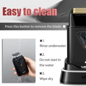 Едър план на професионална самобръсначка VGR V-334 с USB зареждане и LED индикатор.