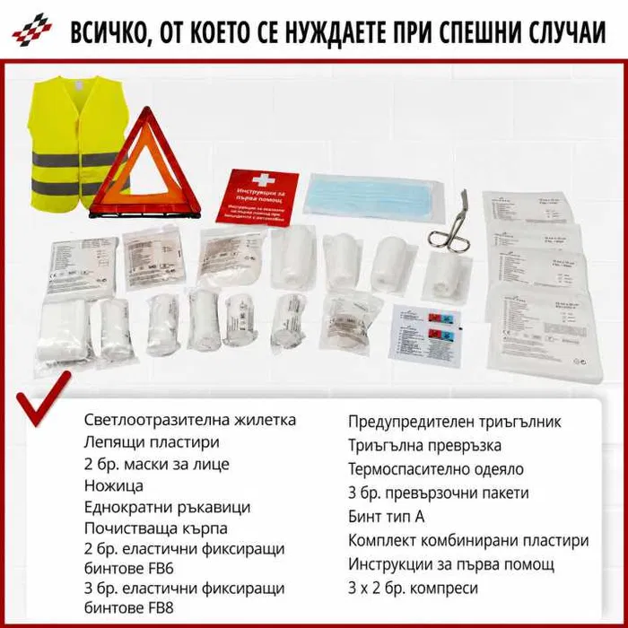Авто аптечка DIN 13164-2022 | + жилетка + триъгълник АВТО Едър план на отворена аптечка с медицински консумативи, ножица и маски.