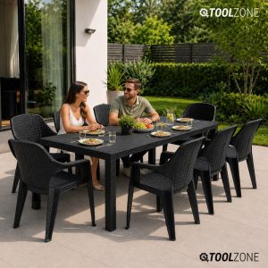 Ратанов комплект Como Black с маса 150 × 90 см и 8 стола