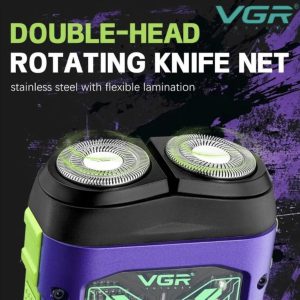 Самобръсначка VGR V-344 | Роторна, 8000 об/мин, USB ДОМ И ГРАДИНА Едър план на ножчетата от неръждаема стомана и водоустойчивия корпус.