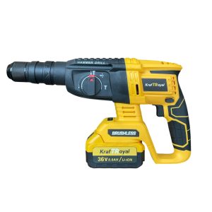 Акумулаторен перфоратор Kraft Royal 36V | 8Ah, 3J, SDS plus АКУМУЛАТОРНИ ИНСТРУМЕНТИ Акумулаторен перфоратор KraftMaster в жълт корпус с SDS plus държач
