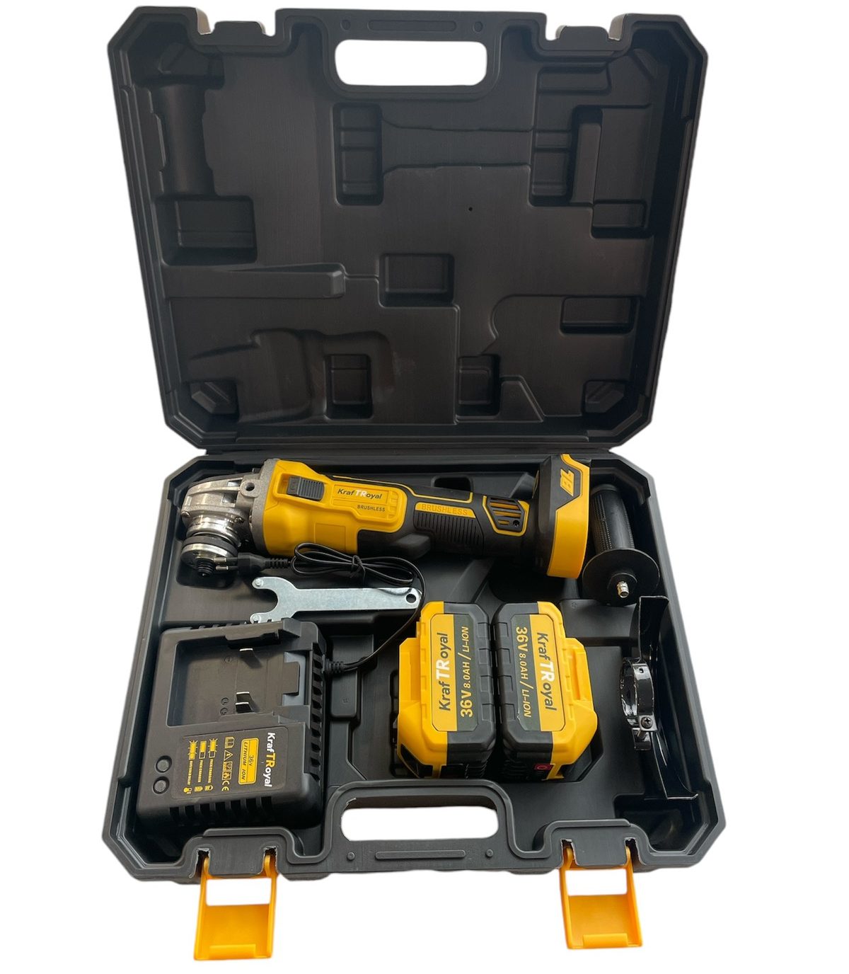 Ъглошлайф Kraft Royal 36V | 2×8Ah + зарядно + куфар АКУМУЛАТОРНИ ИНСТРУМЕНТИ Акумулаторен безчетков ъглошлайф Kraft Royal 36V с 2 батерии и куфар.