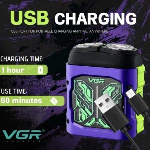 Самобръсначка VGR V-344 | Роторна, 8000 об/мин, USB ДОМ И ГРАДИНА Едър план на ножчетата от неръждаема стомана и водоустойчивия корпус.