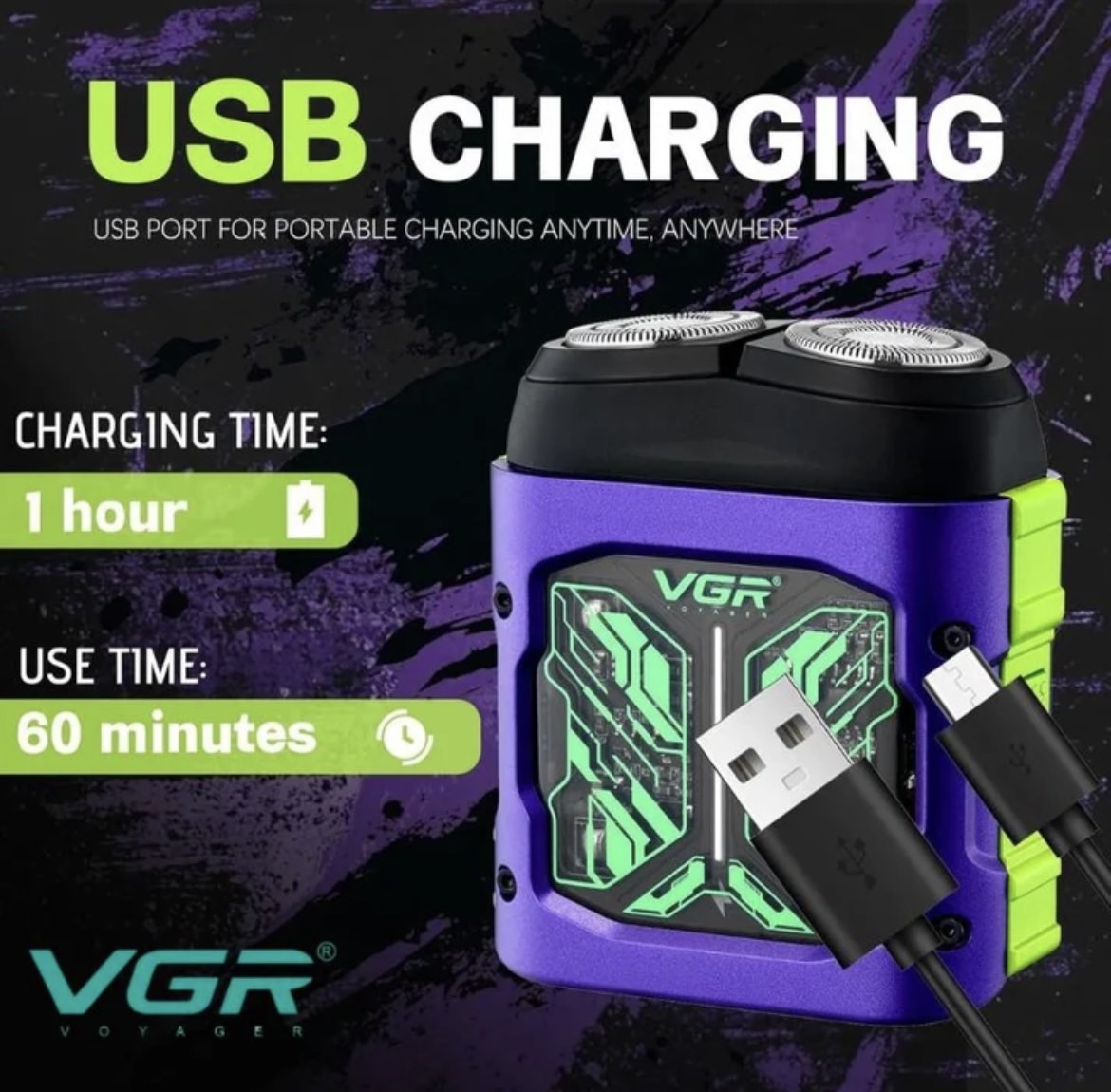 Самобръсначка VGR V-344 | Роторна, 8000 об/мин, USB ДОМ И ГРАДИНА Едър план на ножчетата от неръждаема стомана и водоустойчивия корпус.